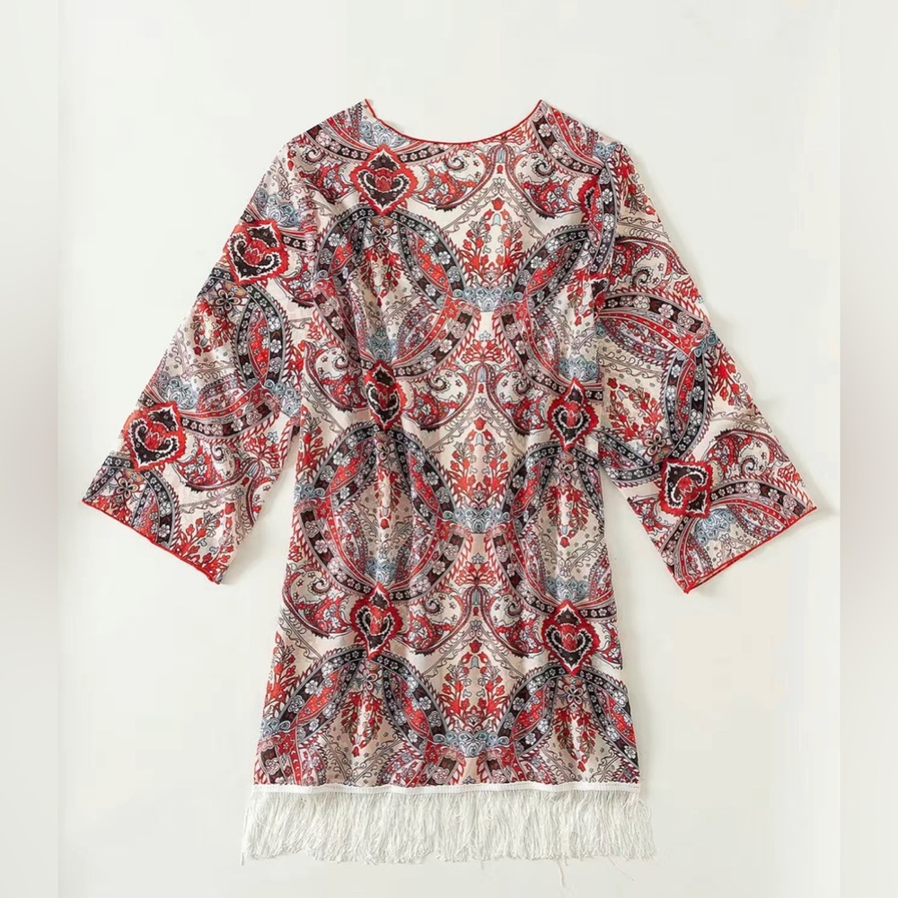 Baroque Pattern Tassel Fringe Beachwear Cover-Up Kimono Size L NWT - Picture 2 of 4